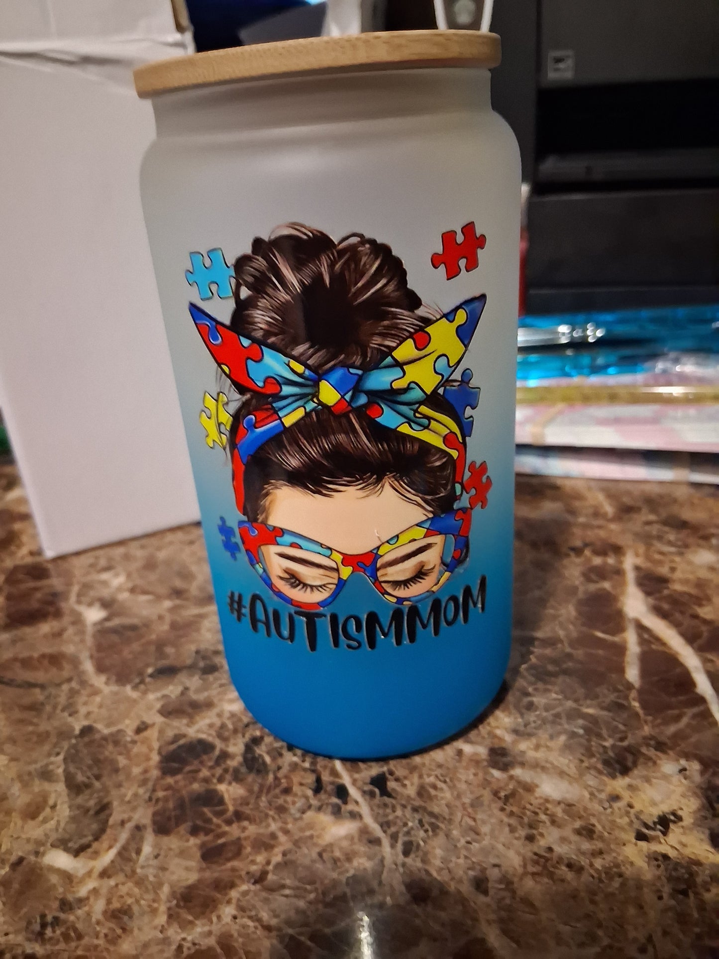 16 oz autism mom glass cup